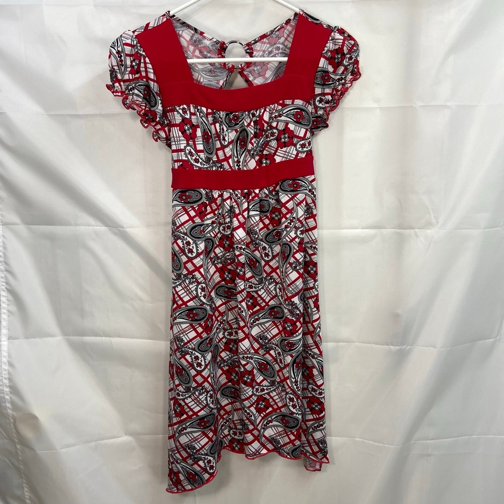 Vintage‎ Basic Editions youth kid's red puff sleeve belted stretch floral dress